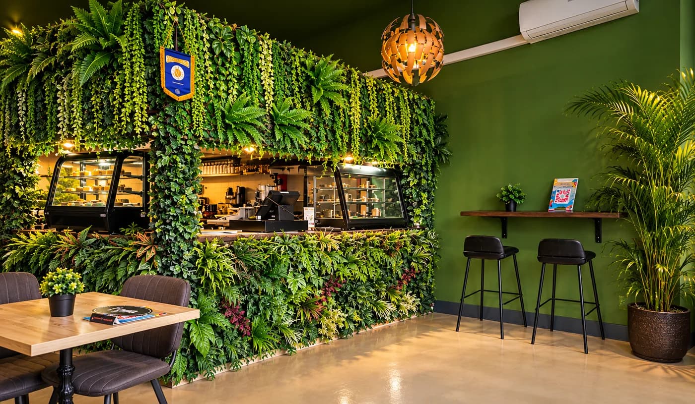 Groene plantenwand met toonbank en vitrines in de winkel van RoxSi