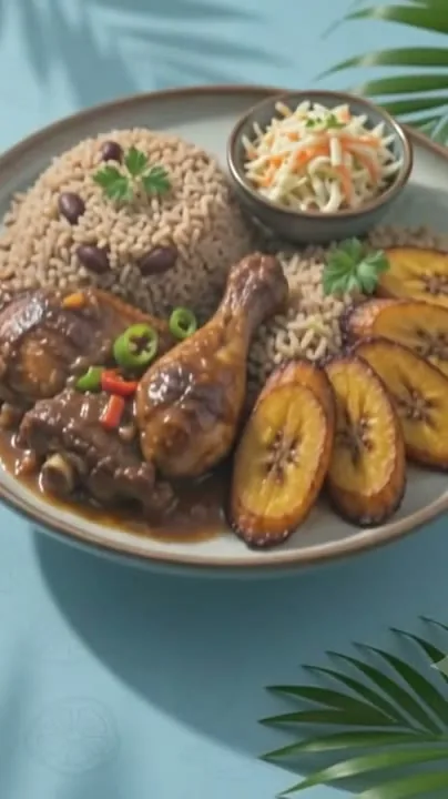 Bord met kip in bruine saus, rijst, bakbanaan en koolsalade uit een van onze video's